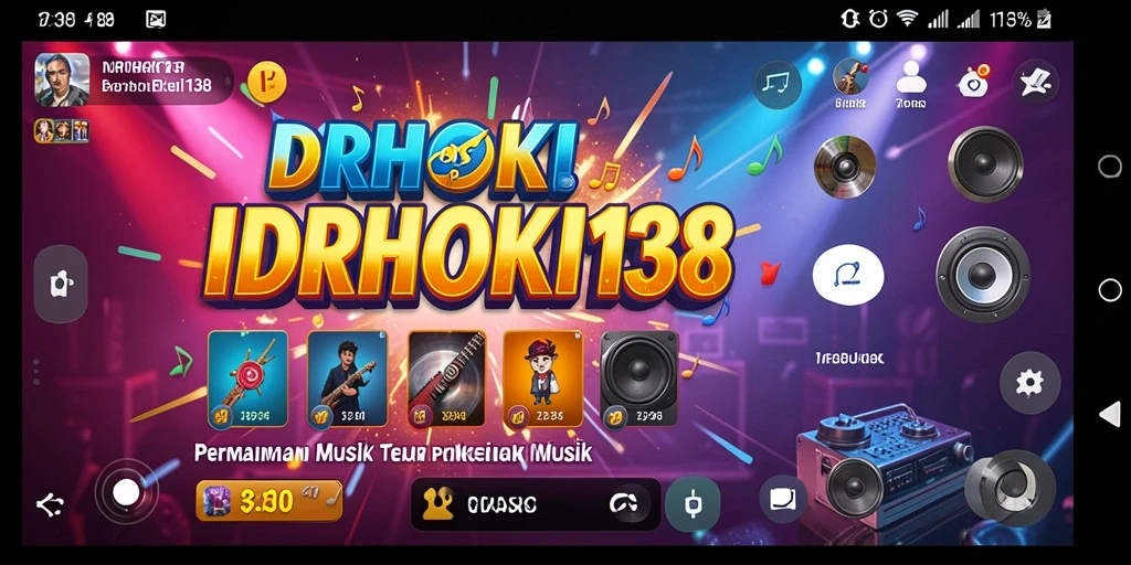 Screenshot menunjukkan gameplay interaktif dan alat musik yang bervariasi.